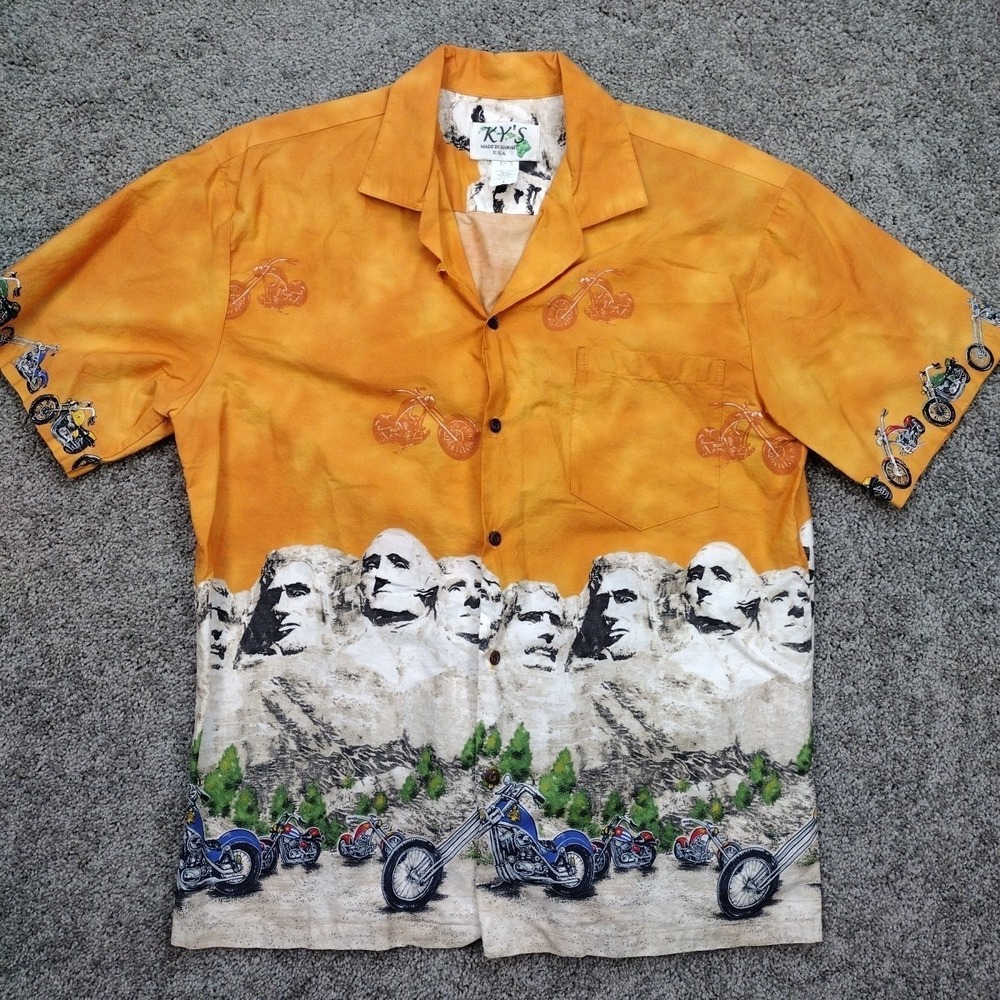 Vintage KY'S Mens Large Orange Motorcycle Mount Rushmore Hawaii Shirt AOP Aloha